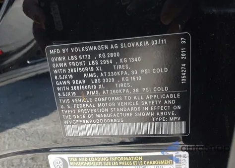 2011 Volkswagen Touareg Vr6 Lux z USA, uszkodzony, nr VIN WVGFF9BP0BD005925